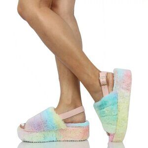 Liliana Women's Sunbathe Cotton Candy Open Toe Fuzzy Slingback Platform Wedge